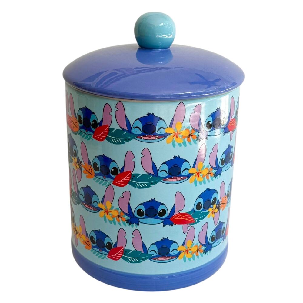 Disney Lilo & Stitch Aloha COOKIE JAR Large Canister & Lid Blue Silver Buffalo